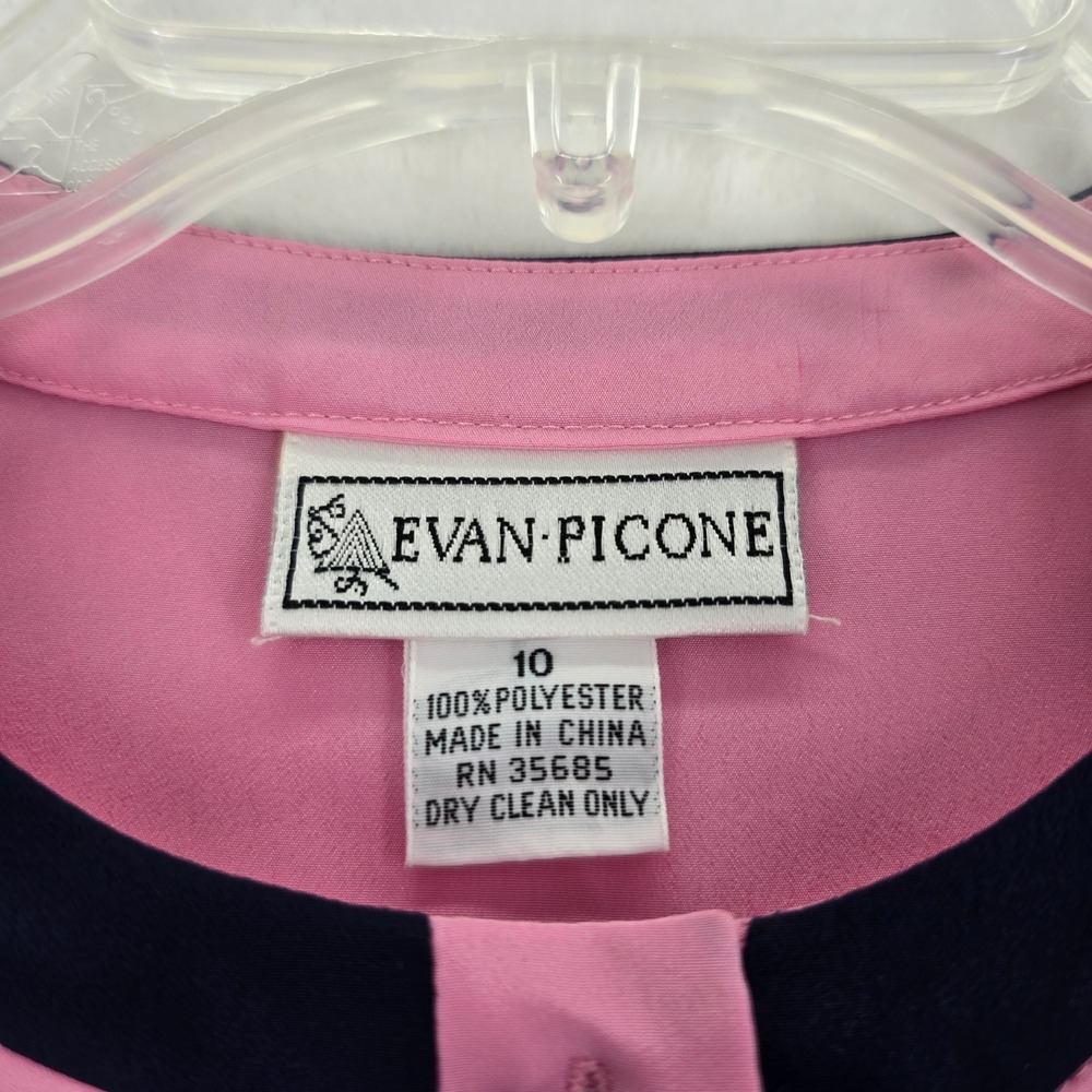 Evan Picone Blouse Womens 10 Button Front Pink Navy Blue Contrast Trim Pocket - Picture 2 of 6